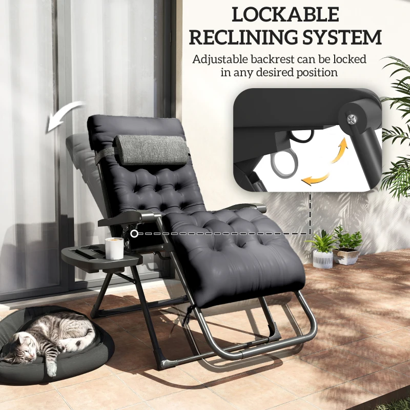 Outsunny Padded Folding Recliner Chair, Patio Lounger with Cupholder, Adjustable Backrest, Removable Cushion, Black