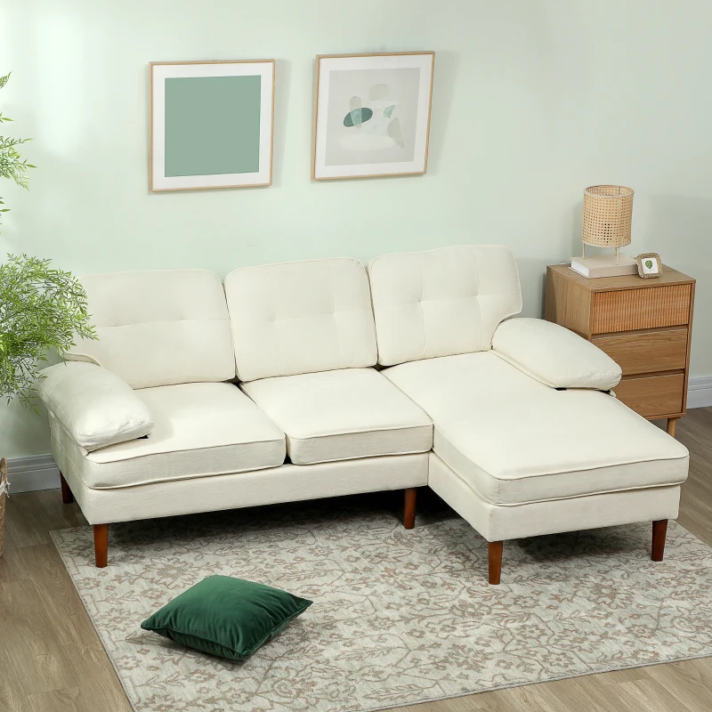 HOMCOM Modern Corner Couch with Right Chaise Lounge, Tufted 3-Seater Sofa with Wooden Legs for Living Room, Cream White