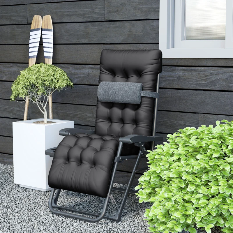 Outsunny Padded Folding Recliner Chair, Patio Lounger with Cupholder, Adjustable Backrest, Removable Cushion, Black