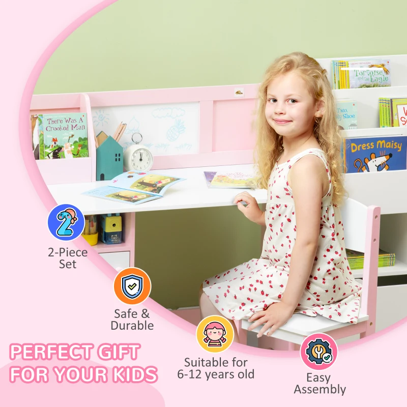 Qaba Toddler Table and Chair Set, Kids Writing Desk Homework Table with Whiteboard, Storage Cabinet, Pink