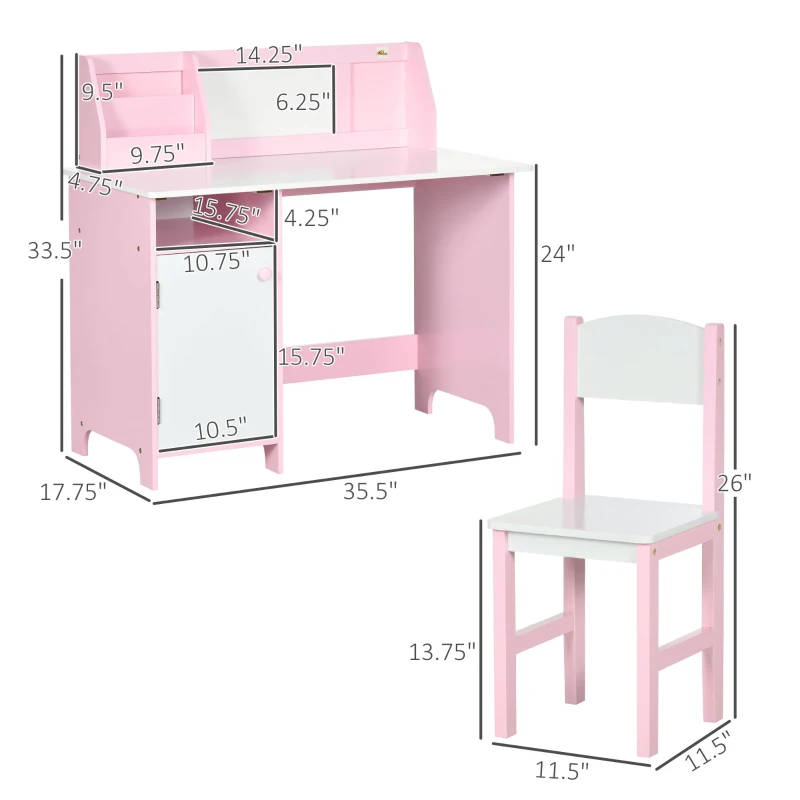 Qaba Toddler Table and Chair Set, Kids Writing Desk Homework Table with Whiteboard, Storage Cabinet, Pink