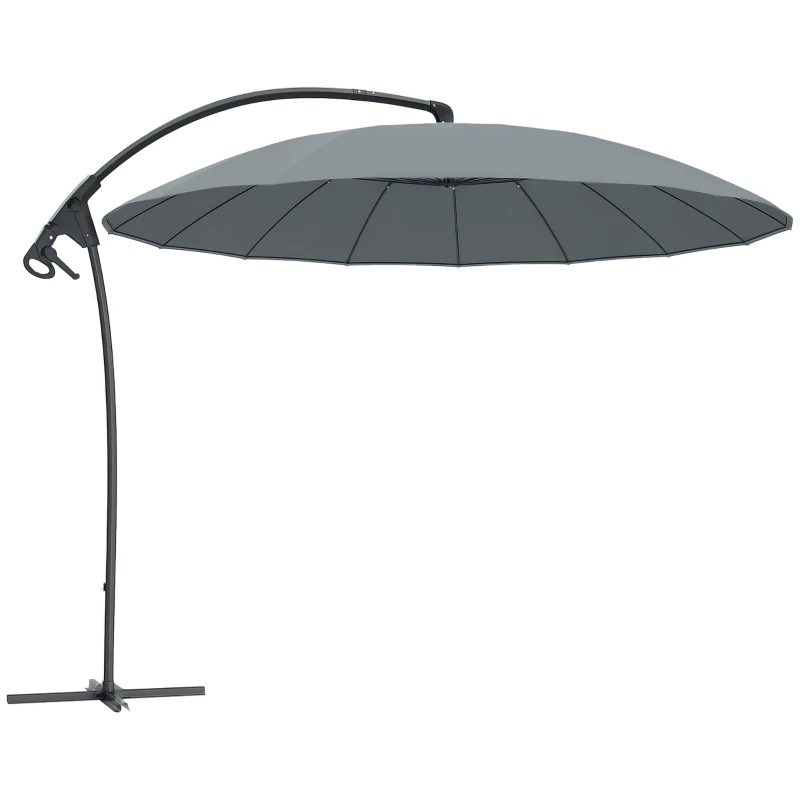 Outsunny 9FT Cantilever Umbrella with 16 Fibreglass Ribs, Offset Hanging Umbrella, Patio Umbrella with Crank and Cross Base, Grey