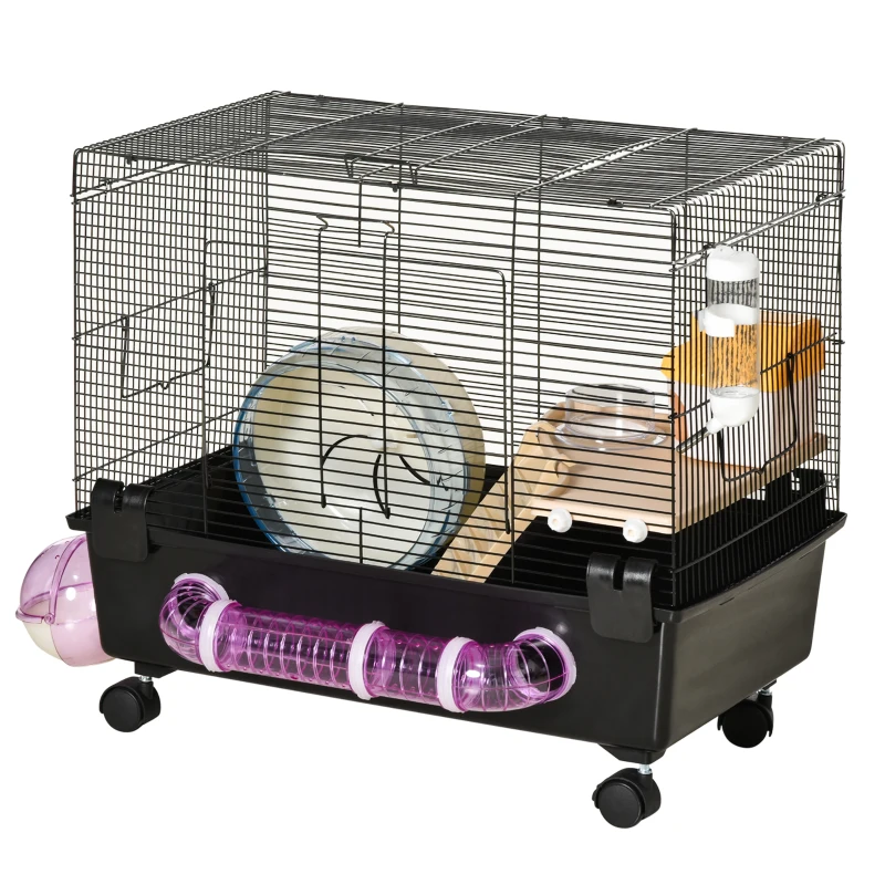 PawHut Hamster Cage, Gerbil Haven, Multi-storey Rodent House, Small Animal Habitats, Large Hide-out, w/ Water Bottle, Tubes, Exercise Wheel, Food Dish, Ramp, Shower Room, Black