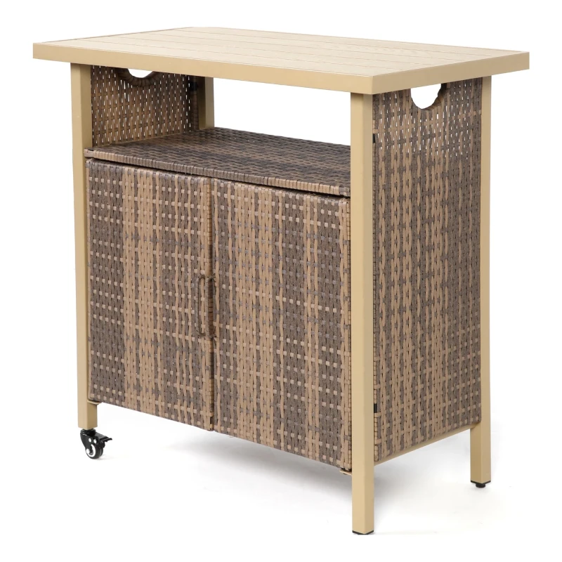 Outdoor Wicker Bar Cart with Plastic Wood Tabletop, 4 Wheels, Rolling Rattan Beverage Bar Counter Table, 35.5" L x 19.5" W x 35.5" H, Light Brown