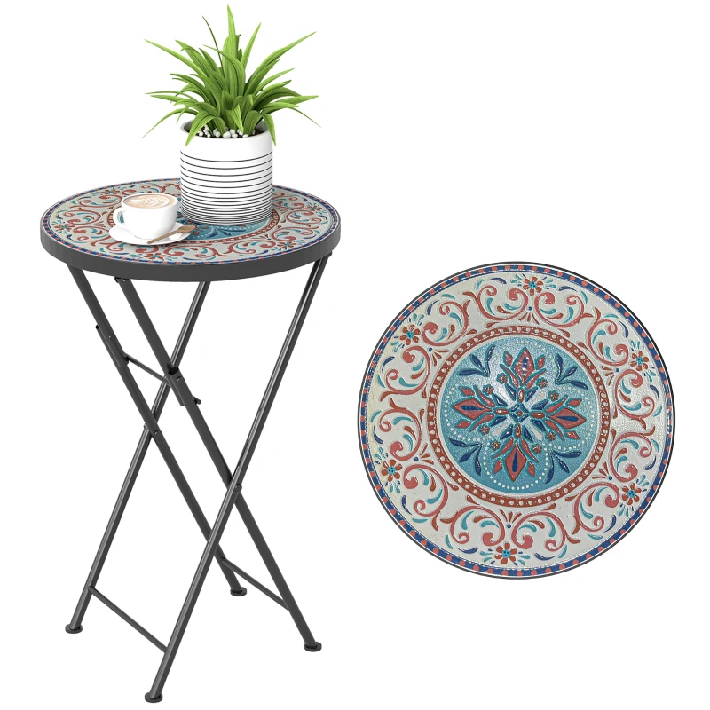 Outsunny Mosaic Outdoor Patio Side Table, 14" Round Folding Outdoor Coffee Table with Steel Frame for Balcony Deck Patio Terrace, Mixed Colour