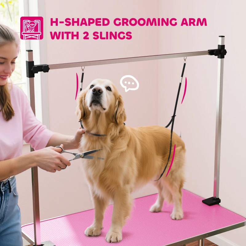 PawHut Adjustable Dog Grooming Table with 2 Safety Slings, Storage Basket, Pink