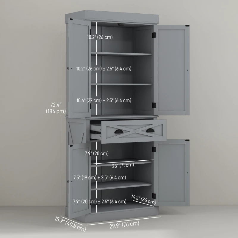 HOMCOM 72.5" Kitchen Pantry Cabinet, Freestanding Storage Cabinet with 4 Doors, Drawer and Adjustable Shelves, Grey