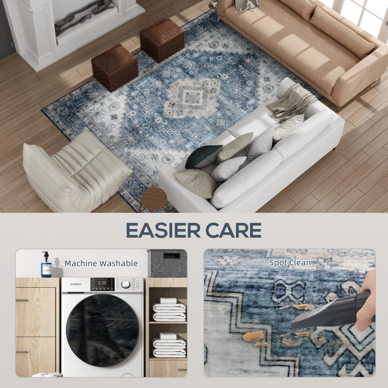 HOMCOM 5x7 Area Rug, Vintage Machine Washable Rug, Non-Slip Floor Carpet for Living Room, Bedroom, Dining Room, Blue