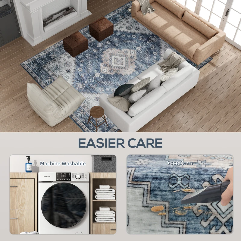 HOMCOM 8x10 Area Rug, Vintage Machine Washable Rug, Non-Slip Floor Carpet for Living Room, Bedroom, Dining Room, Blue