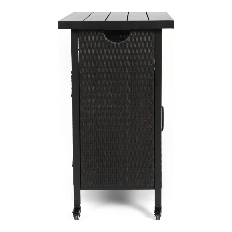 Outdoor Wicker Bar Cart with Plastic Wood Tabletop, 4 Wheels, Rolling Rattan Beverage Bar Counter Table, 35.5" L x 19.5" W x 35.5" H, Black