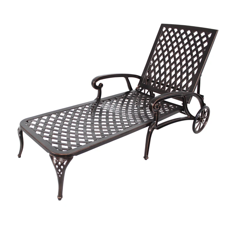Reclining Aluminum Cast Lounge Chair with Bronze Finish, Adjustable Backrest, Wheels and Cross Weave Design, 48" L x 22.5" W x 36" H, Brown