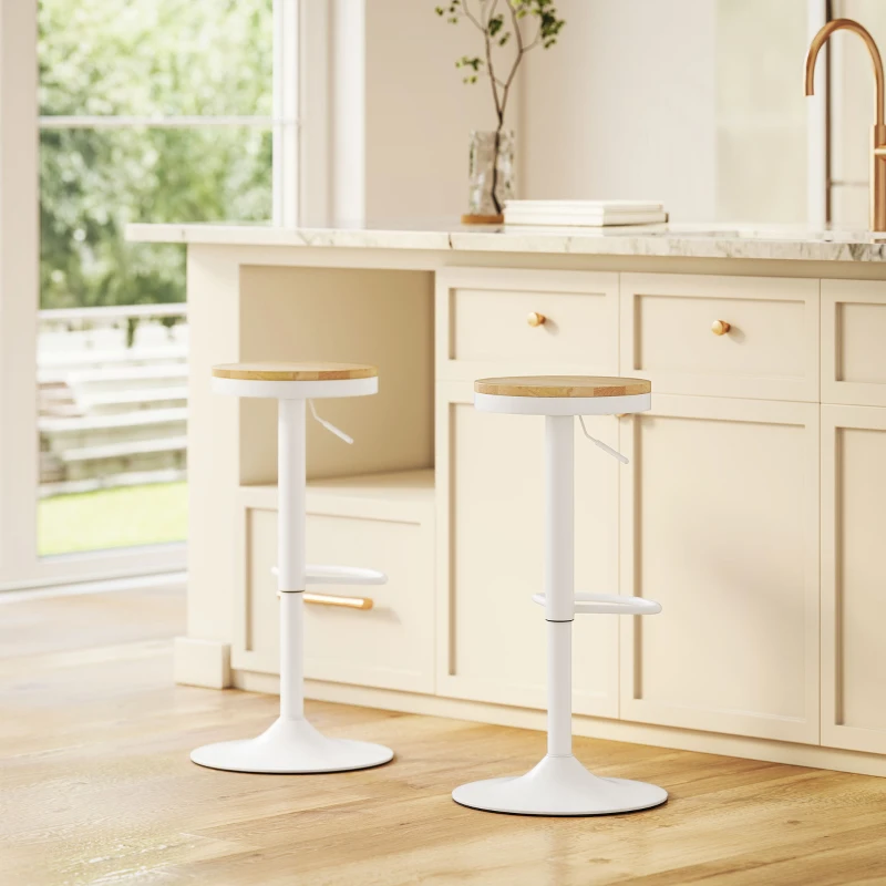 HOMCOM Wood Barstools Set of 2, Swivel Bar Stools with Adjustable Height for Kitchen Counter, Natural Wood and White