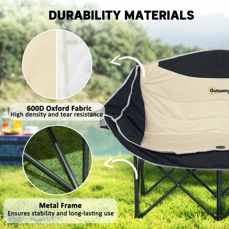 Outsunny Portable Camp Chair, Double Camping Chair with Cup Holders and Carry Bag, Support 551 lbs, Khaki