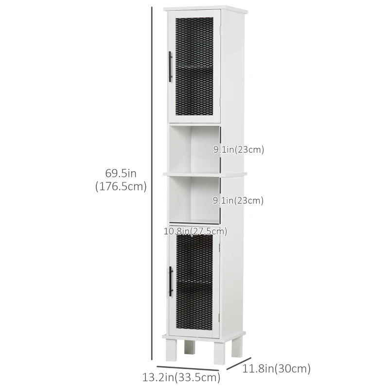 HOMCOM 69.5"H Tall Bathroom Cabinet, Free Standing Tower Cabinet with 2 Doors, Shelves Space Saving Vertical Slim Home Storage Furniture, White
