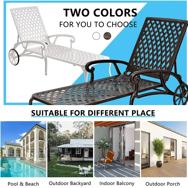 Reclining Aluminum Cast Lounge Chair with Bronze Finish, Adjustable Backrest, Wheels and Cross Weave Design, 48" L x 22.5" W x 36" H, Brown