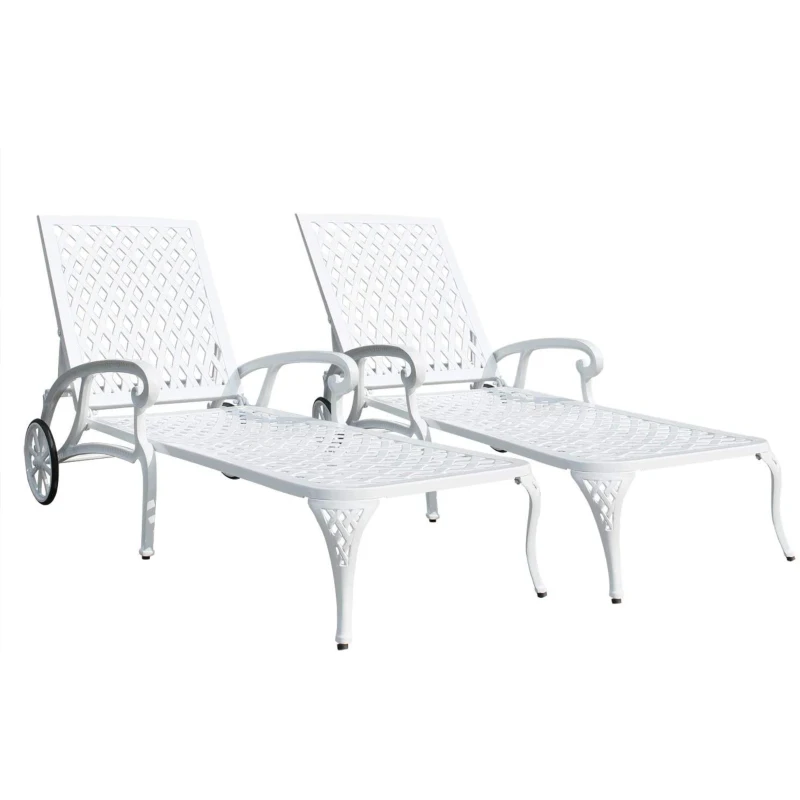 Adjustable Reclining Aluminum Cast Lounge Chair with Rolling Wheels, Bronze Finish, Cross Weave Design, 48" L x 22.5" W x 36" H, White