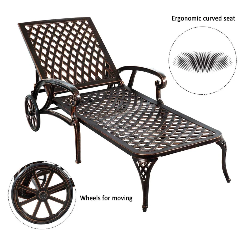 Reclining Aluminum Cast Lounge Chair with Bronze Finish, Adjustable Backrest, Wheels and Cross Weave Design, 48" L x 22.5" W x 36" H, Brown