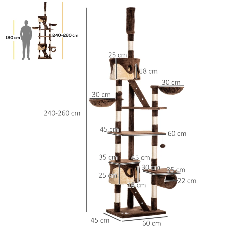 PawHut 94"-102" Huge Cat Tree Ceiling High Cat Condo Scratching Post Activity Center Multi-Level Play House