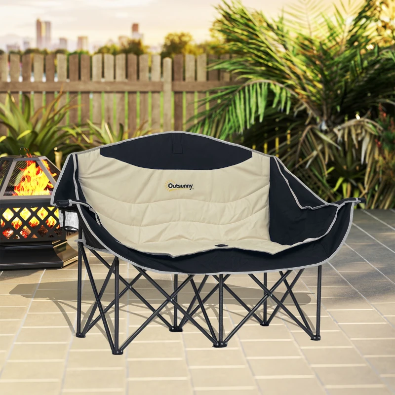 Outsunny Portable Camp Chair, Double Camping Chair with Cup Holders and Carry Bag, Support 551 lbs, Khaki