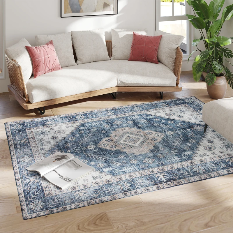 HOMCOM 5x7 Area Rug, Vintage Machine Washable Rug, Non-Slip Floor Carpet for Living Room, Bedroom, Dining Room, Blue