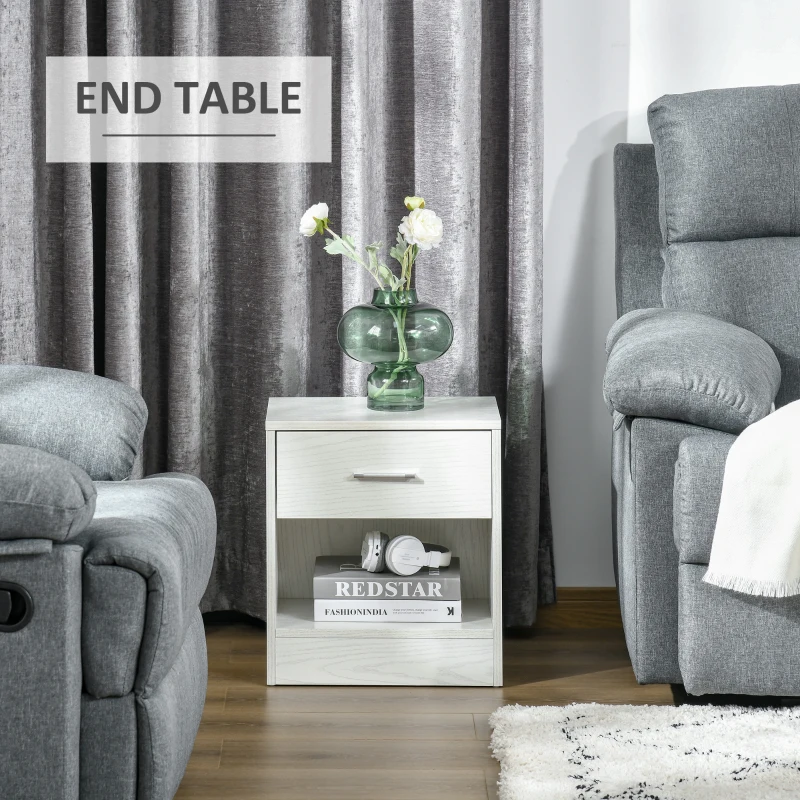 HOMCOM Modern Side Table with Drawer and Storage Shelf, End Table for Living Room, White Wood Grain