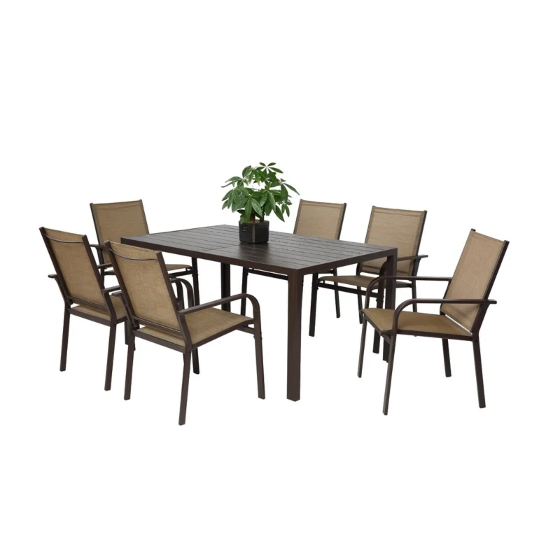 7-Piece Patio Dining Set with Rectangular Table, 6 Stackable Textilene Chairs, Weather-Resistant Steel Frame, Ideal for Family Meals, Parties, Brown