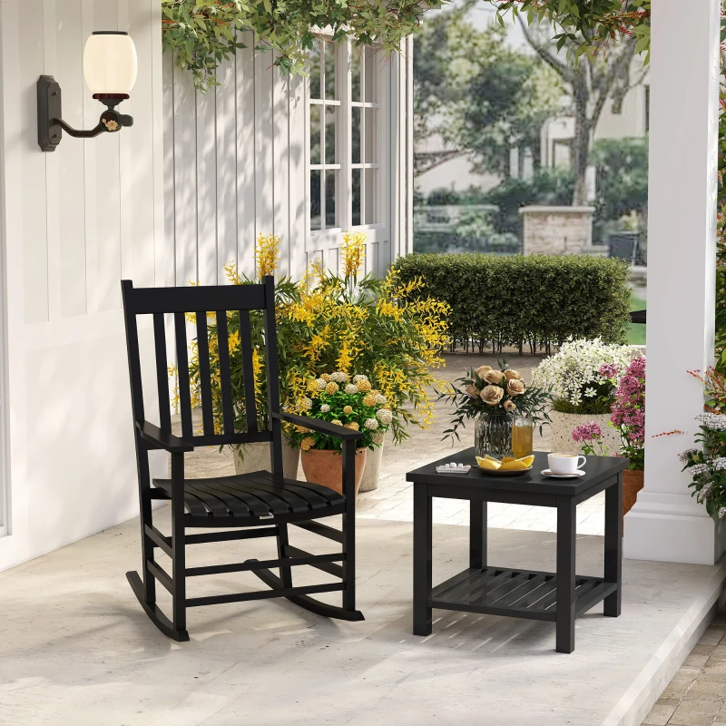 Outsunny Outdoor Rocking Chair, Patio Rocking Chair with Smooth Curves, High Density Wooden Rockers for Lawn Garden Porch, Supports Up to 350lbs, Black