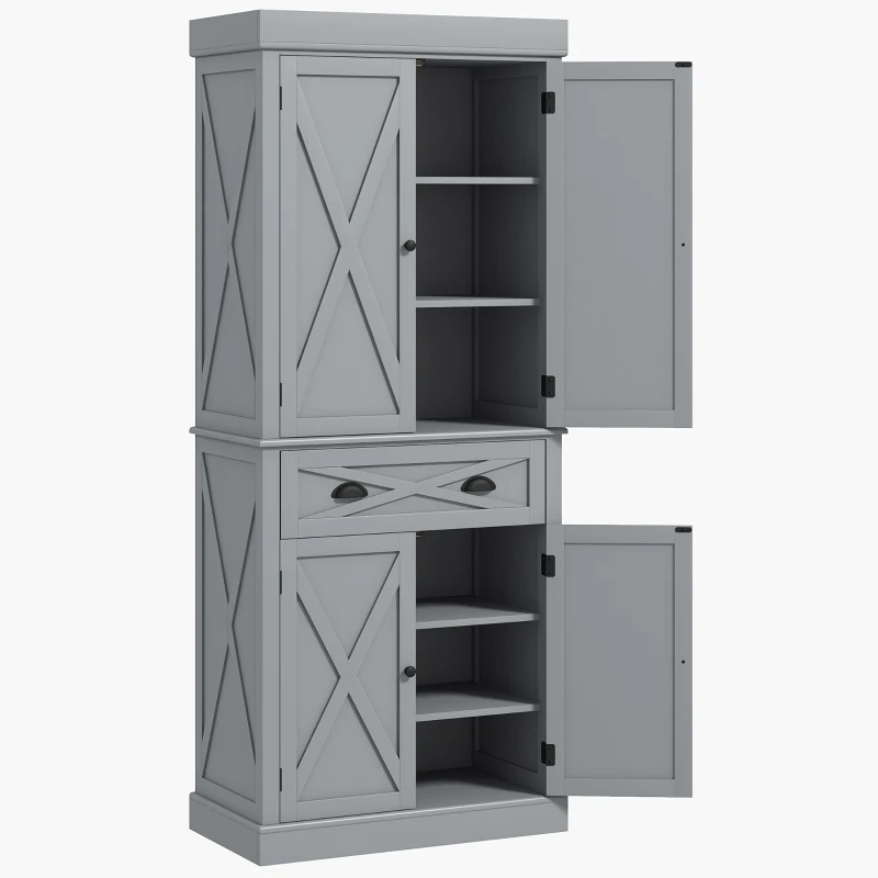 HOMCOM 72.5" Kitchen Pantry Cabinet, Freestanding Storage Cabinet with 4 Doors, Drawer and Adjustable Shelves, Grey