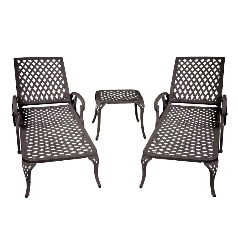 Reclining Aluminum Cast Lounge Chair with Bronze Finish, Adjustable Backrest, Wheels and Cross Weave Design, 48" L x 22.5" W x 36" H, Brown