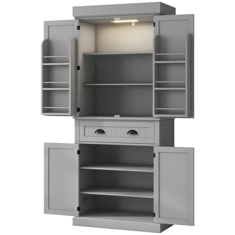 HOMCOM 71" Kitchen Pantry Cabinet with LED Lights, 6 Spice Racks, a Drawer and 4 Adjustable Shelves, Grey