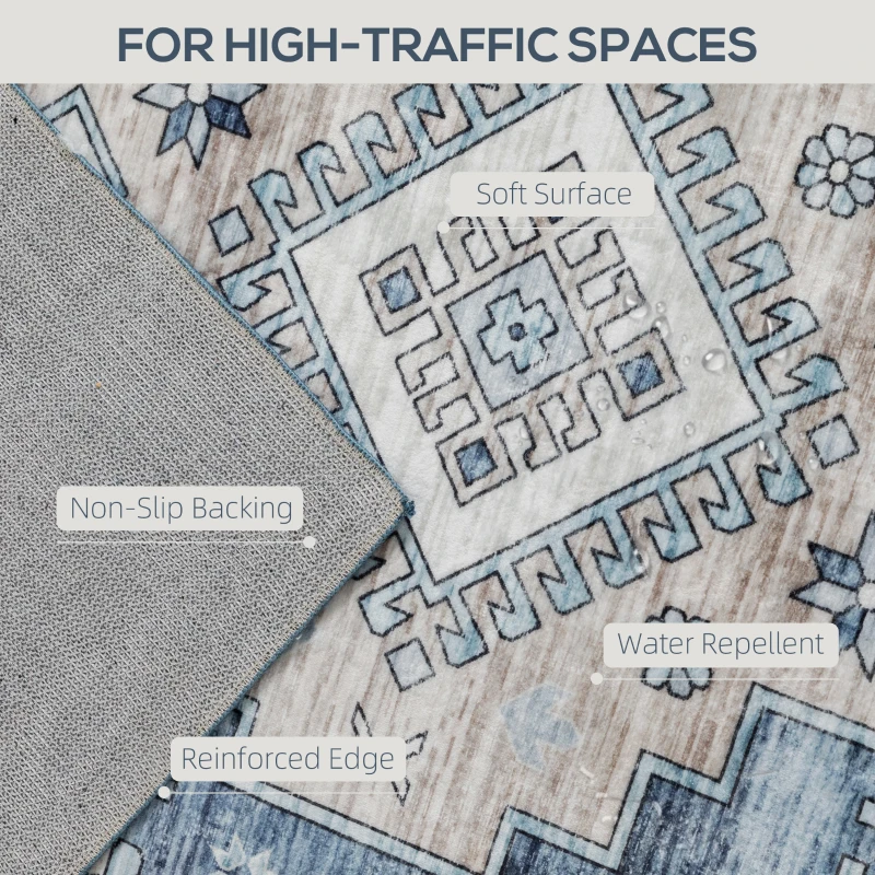 HOMCOM 8x10 Area Rug, Vintage Machine Washable Rug, Non-Slip Floor Carpet for Living Room, Bedroom, Dining Room, Blue