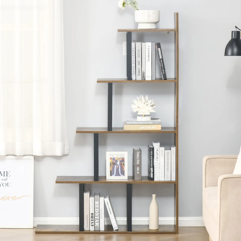 HOMCOM Industrial Bookcase 5-Tier Wooden Ladder Bookshelf Display Stand Organizer for Livingroom Indoor Corner Shelf - Rustic Brown