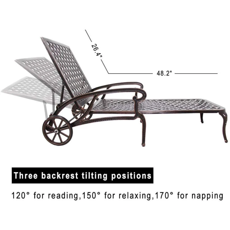 Reclining Aluminum Cast Lounge Chair with Bronze Finish, Adjustable Backrest, Wheels and Cross Weave Design, 48" L x 22.5" W x 36" H, Brown