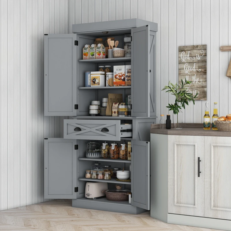 HOMCOM 72.5" Kitchen Pantry Cabinet, Freestanding Storage Cabinet with 4 Doors, Drawer and Adjustable Shelves, Grey