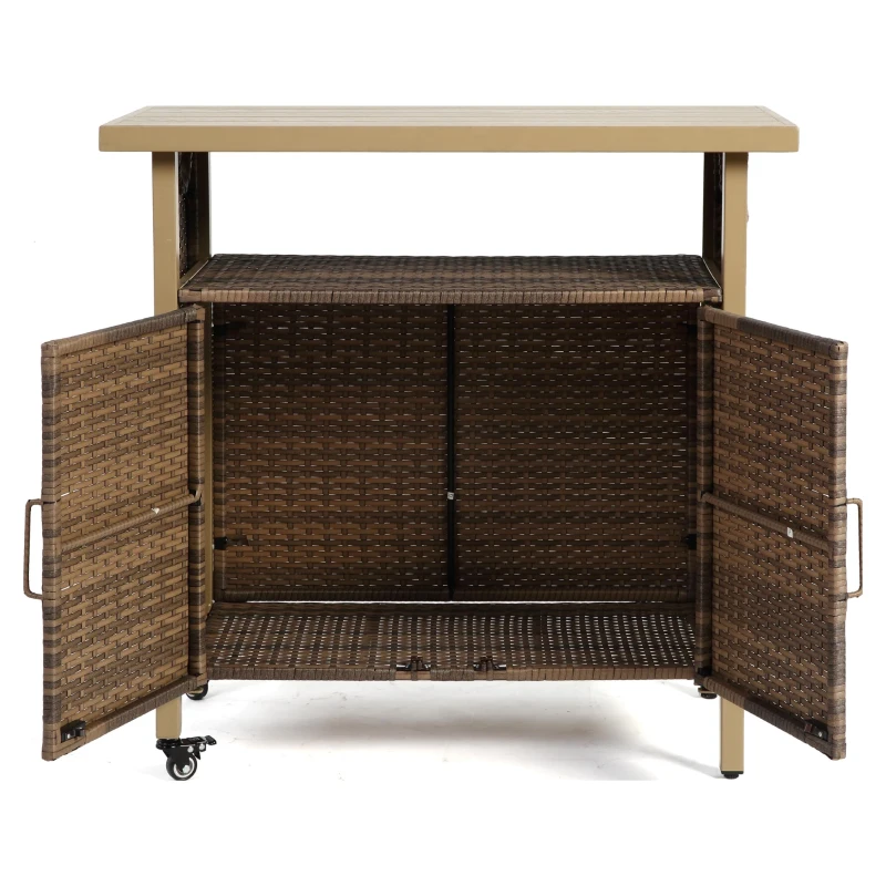 Outdoor Wicker Bar Cart with Plastic Wood Tabletop, 4 Wheels, Rolling Rattan Beverage Bar Counter Table, 35.5" L x 19.5" W x 35.5" H, Light Brown
