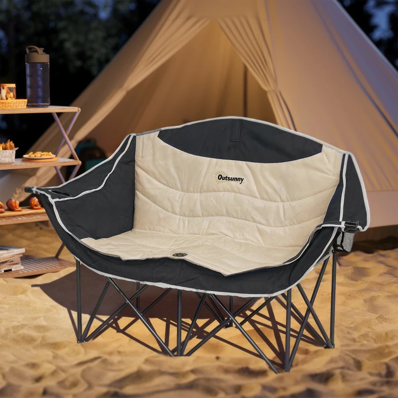 Outsunny Portable Camp Chair, Double Camping Chair with Cup Holders and Carry Bag, Support 551 lbs, Khaki