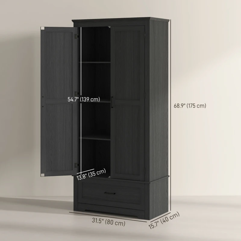 HOMCOM 69" Tall Farmhouse Kitchen Pantry Cabinet with 2 Doors, Drawer and Adjustable Shelves, Black Wood Grain