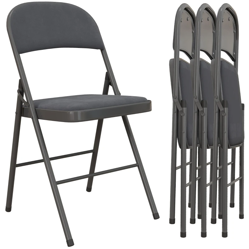 HOMCOM 4 Pack Folding Chairs with Padded Seats, Velvet Portable Party Chairs with Steel Frame, Dark Grey