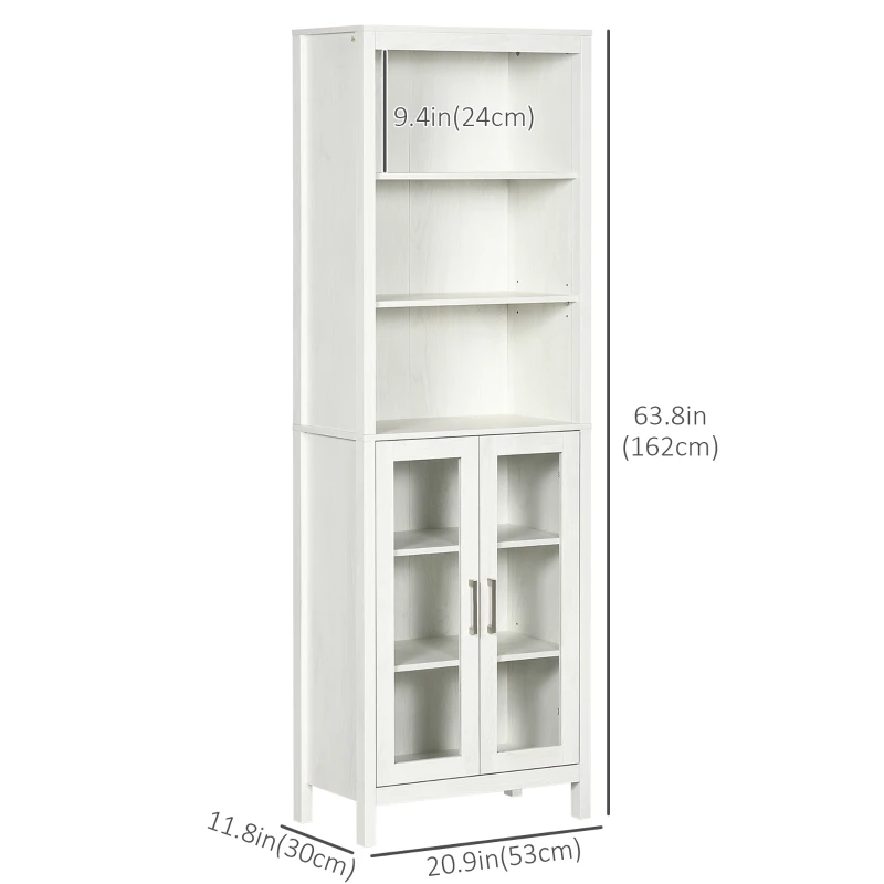 kleankin Tall Bathroom Storage Cabinet with 3 Tier Shelf, Bookcase with Glass Doors, Freestanding Linen Tower with Adjustable Shelves, Antique White
