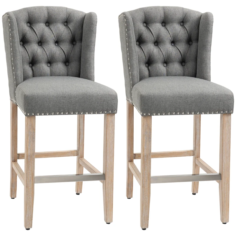 HOMCOM Counter Height Bar Stools Set of 2, Upholstered Bar Chairs with Nailhead Backrest and Footrest, Grey