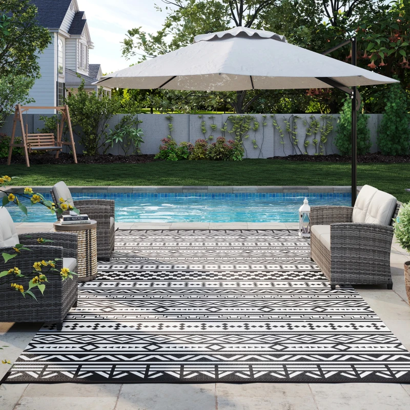 Outsunny Reversible Outdoor Rug, Waterproof Plastic Straw with Carry Bag, 9' x 18', Black & White Geometric Wall