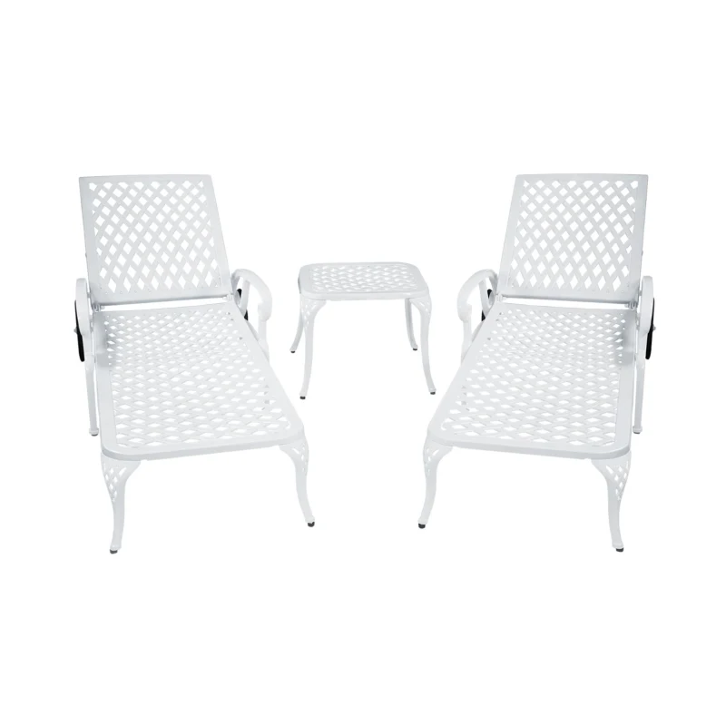 Adjustable Reclining Aluminum Cast Lounge Chair with Rolling Wheels, Bronze Finish, Cross Weave Design, 48" L x 22.5" W x 36" H, White