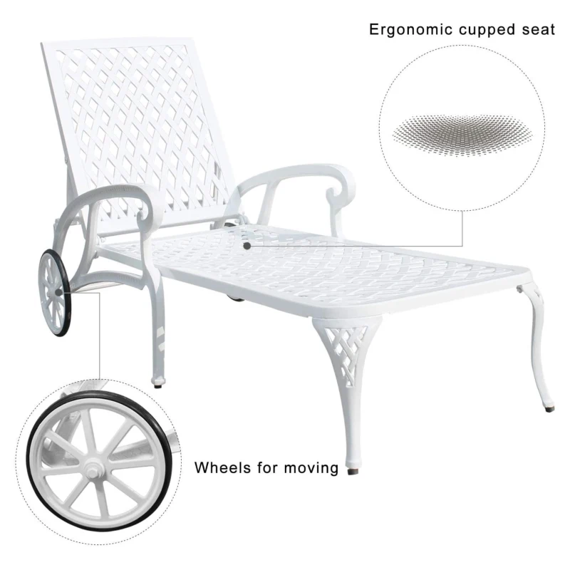 Adjustable Reclining Aluminum Cast Lounge Chair with Rolling Wheels, Bronze Finish, Cross Weave Design, 48" L x 22.5" W x 36" H, White