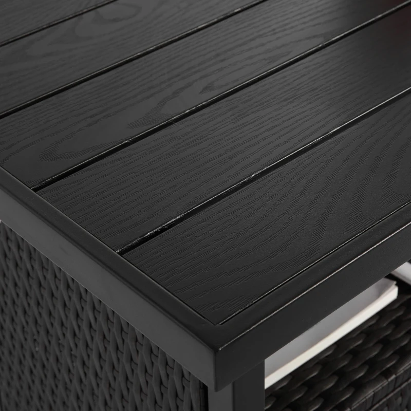 Outdoor Wicker Bar Cart with Plastic Wood Tabletop, 4 Wheels, Rolling Rattan Beverage Bar Counter Table, 35.5" L x 19.5" W x 35.5" H, Black