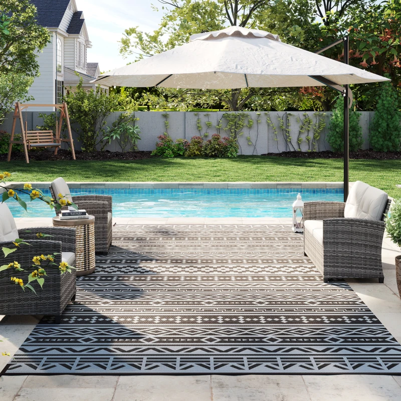 Outsunny Reversible Outdoor Rug, Waterproof Plastic Straw with Carry Bag, 9' x 18', Black & Gray Geometric Wall