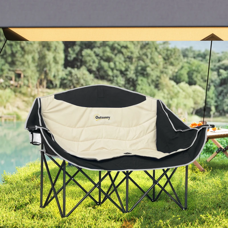 Outsunny Portable Camp Chair, Double Camping Chair with Cup Holders and Carry Bag, Support 551 lbs, Khaki