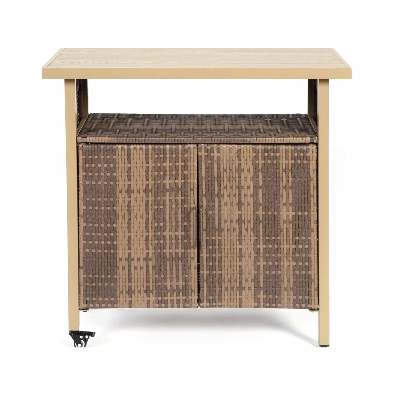 Outdoor Wicker Bar Cart with Plastic Wood Tabletop, 4 Wheels, Rolling Rattan Beverage Bar Counter Table, 35.5" L x 19.5" W x 35.5" H, Light Brown