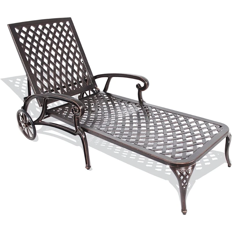 Reclining Aluminum Cast Lounge Chair with Bronze Finish, Adjustable Backrest, Wheels and Cross Weave Design, 48" L x 22.5" W x 36" H, Brown