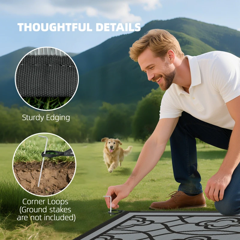 Outsunny Reversible Outdoor Rug, Waterproof Plastic Straw with Carry Bag, 9' x 18', Black & Gray Lantern