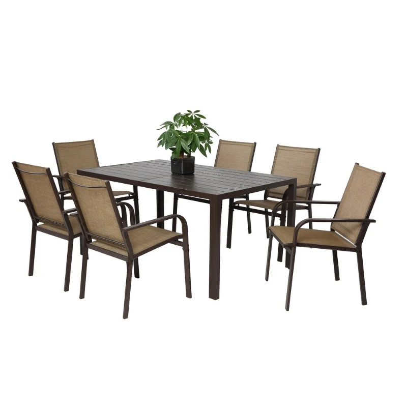 7-Piece Patio Dining Set with Rectangular Table, 6 Stackable Textilene Chairs, Weather-Resistant Steel Frame, Ideal for Family Meals, Parties, Brown
